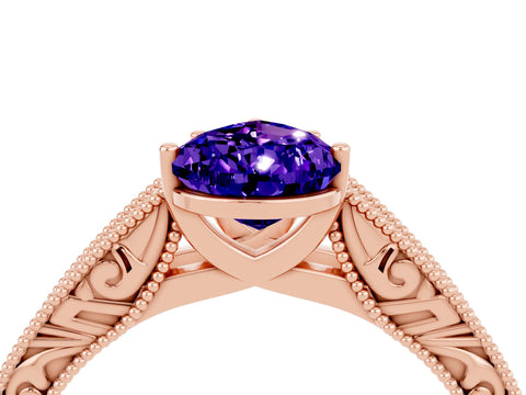 Rose gold Pear Cut Tanzanite Solitaire Ring with Engraved Band and Four-Prong Setting_4