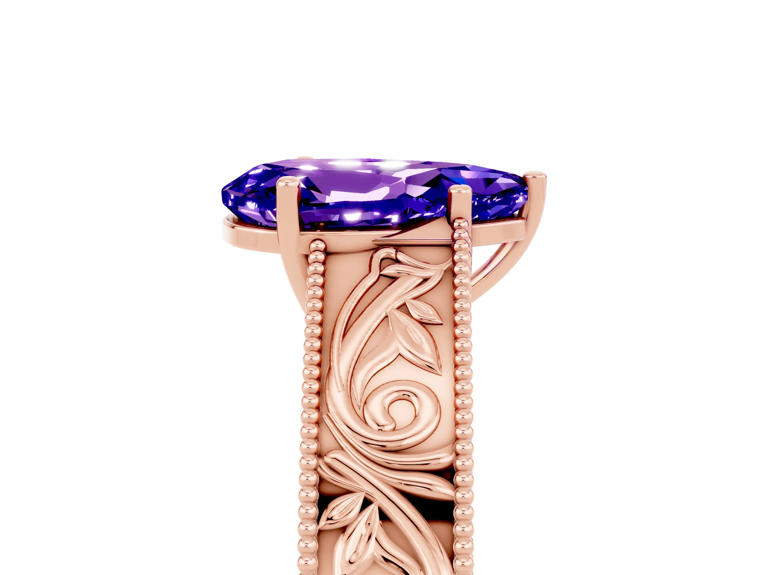 Rose gold Pear Cut Tanzanite Solitaire Ring with Engraved Band and Four-Prong Setting_5