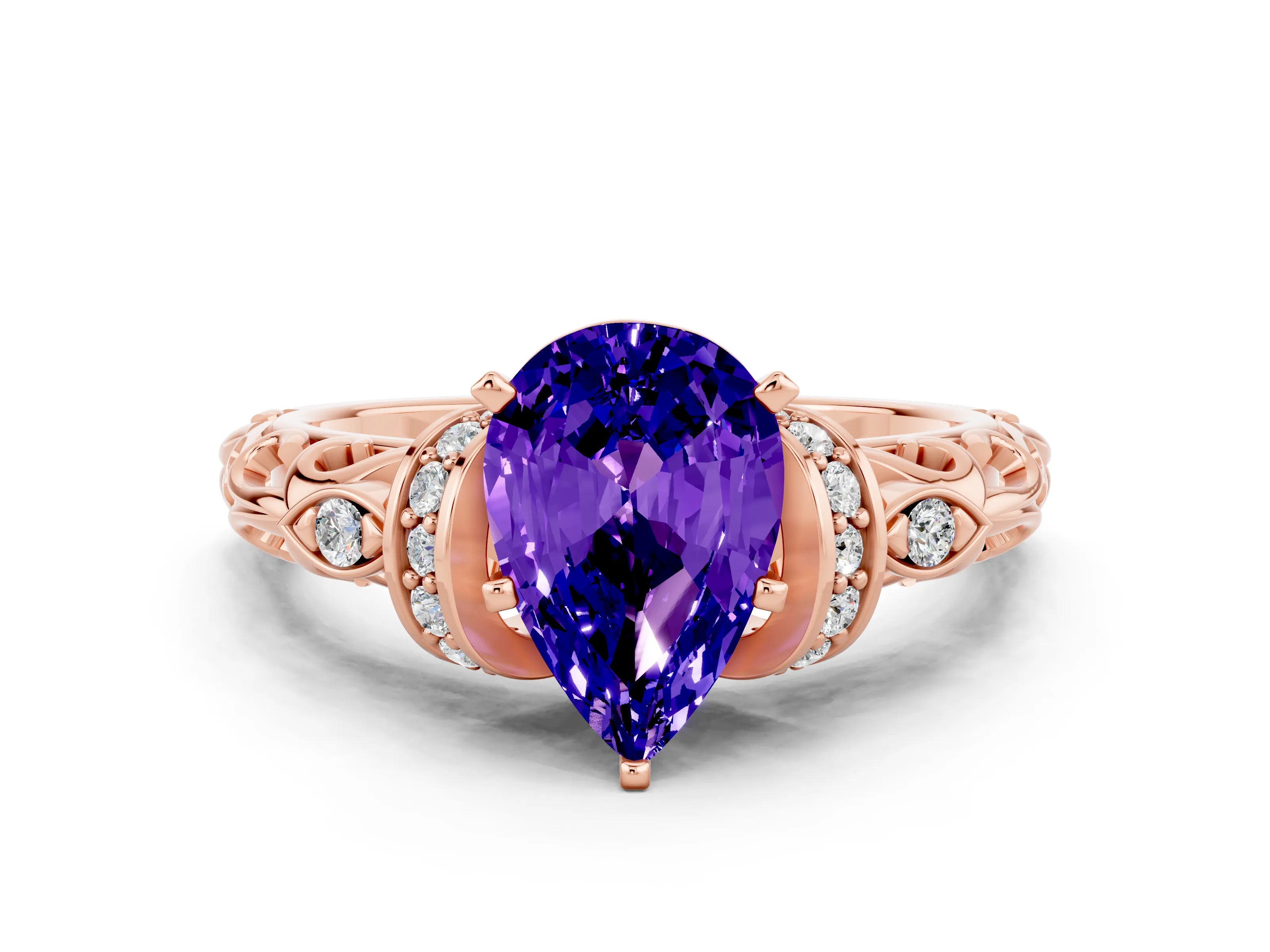Rose gold Pear Cut Tanzanite Solitaire Ring with Filigree Band and Four-Prong Setting_24