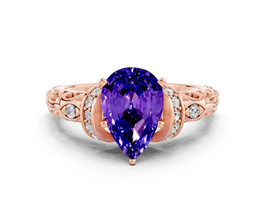 Rose gold Pear Cut Tanzanite Solitaire Ring with Filigree Band and Four-Prong Setting_24