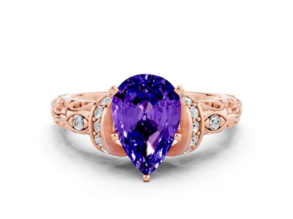 Rose gold Pear Cut Tanzanite Solitaire Ring with Filigree Band and Four-Prong Setting
