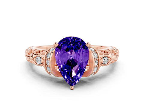 Rose gold Pear Cut Tanzanite Solitaire Ring with Filigree Band and Four-Prong Setting_24