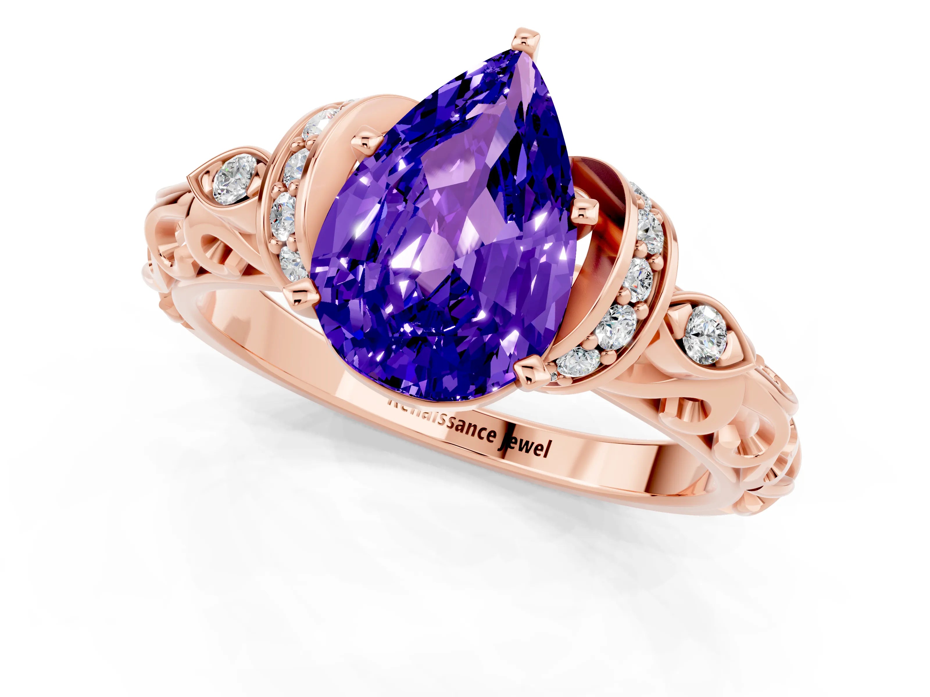 Rose gold Pear Cut Tanzanite Solitaire Ring with Filigree Band and Four-Prong Setting_25