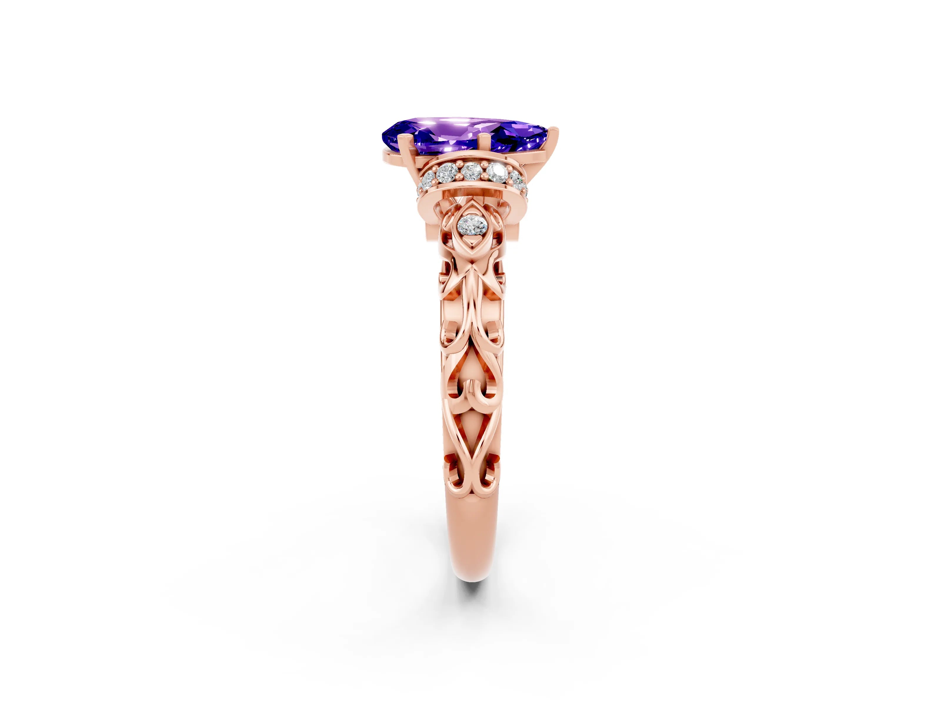 Rose gold Pear Cut Tanzanite Solitaire Ring with Filigree Band and Four-Prong Setting_26