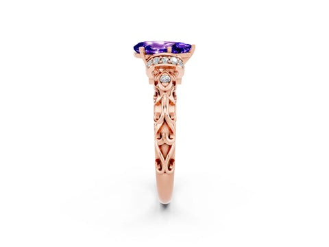 Rose gold Pear Cut Tanzanite Solitaire Ring with Filigree Band and Four-Prong Setting_26