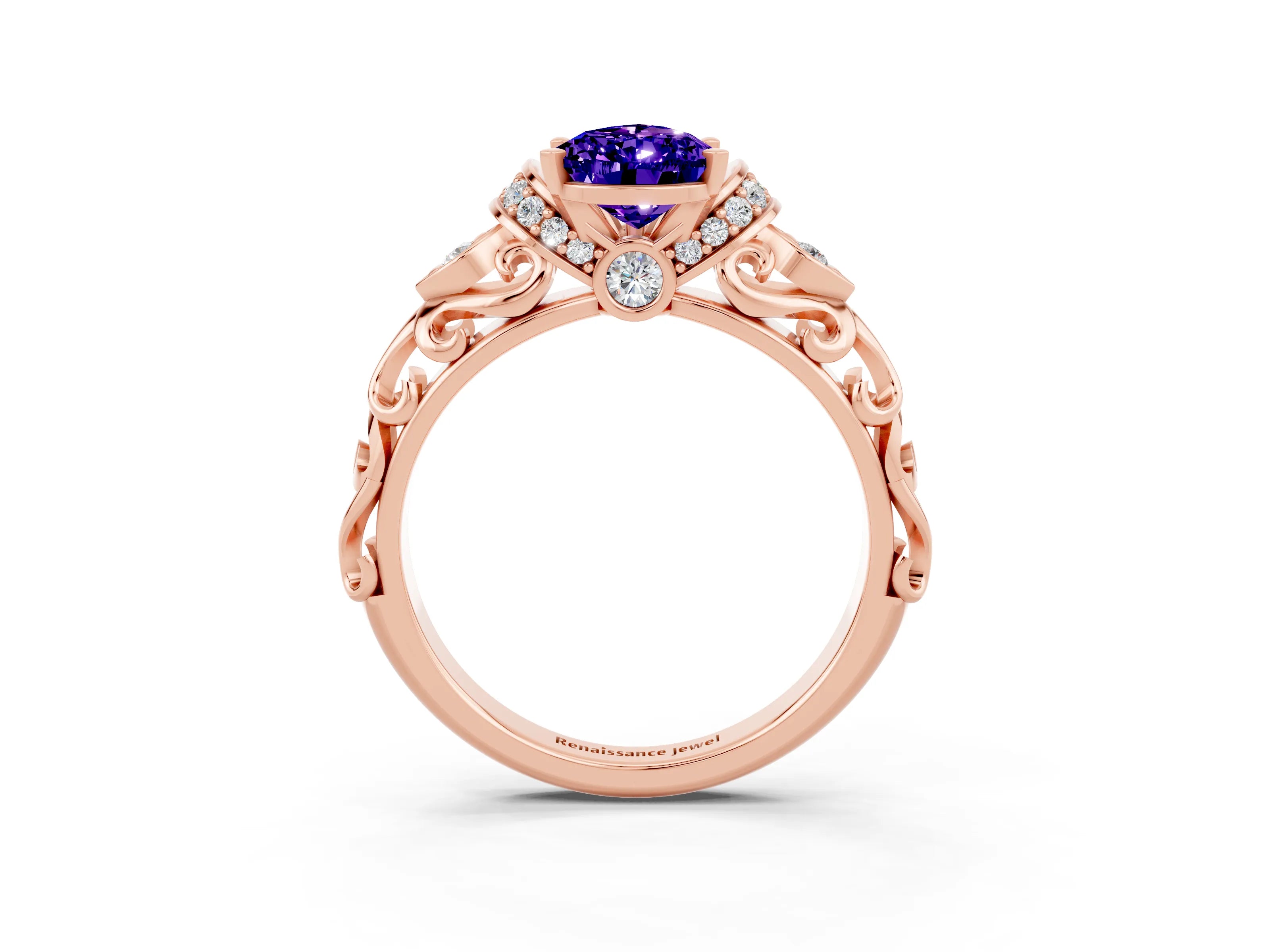 Rose gold Pear Cut Tanzanite Solitaire Ring with Filigree Band and Four-Prong Setting_27