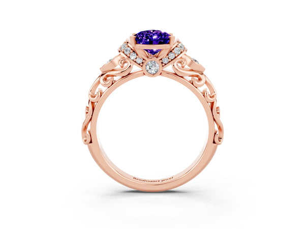 Rose gold Pear Cut Tanzanite Solitaire Ring with Filigree Band and Four-Prong Setting