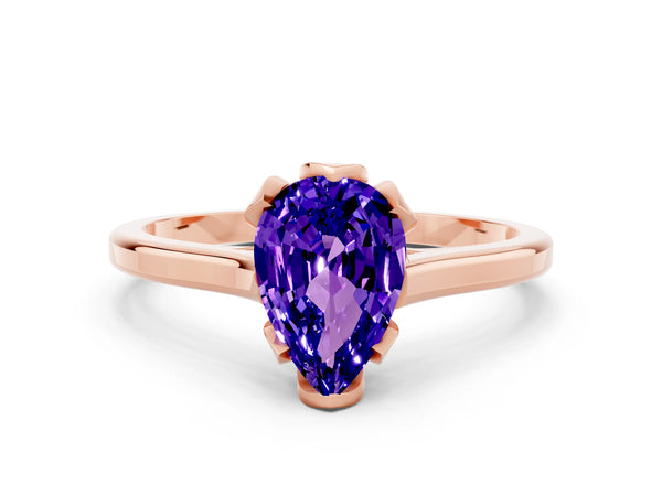 Rose gold Pear Cut Tanzanite Solitaire Ring with Flower Prong Setting and Classic Band