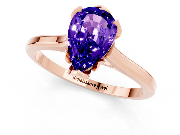 Rose gold Pear Cut Tanzanite Solitaire Ring with Flower Prong Setting and Classic Band