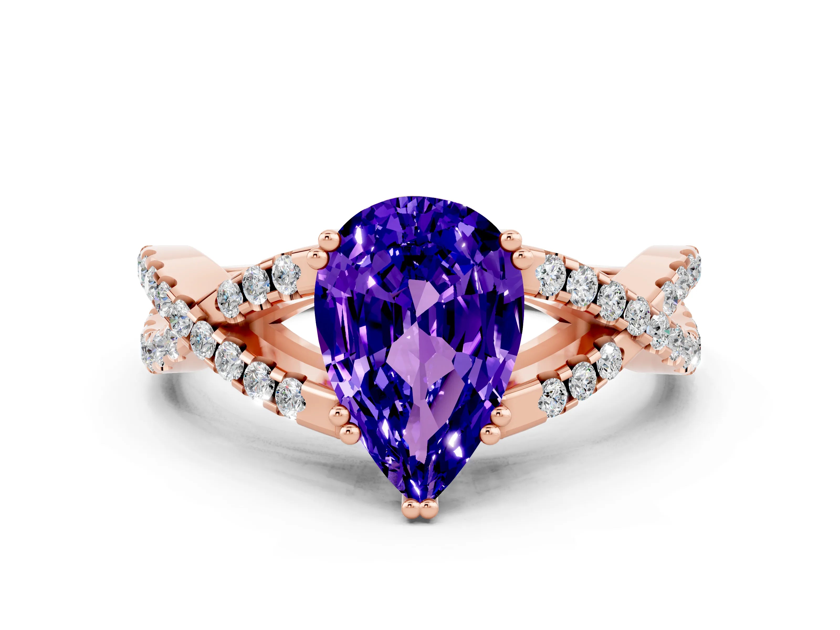 Rose gold Pear Cut Tanzanite Solitaire Ring with Four-Prong Setting and Twisted Pavé Band