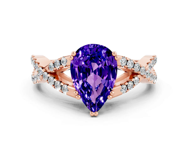 Rose gold Pear Cut Tanzanite Solitaire Ring with Four-Prong Setting and Twisted Pavé Band