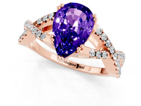 Rose gold Pear Cut Tanzanite Solitaire Ring with Four-Prong Setting and Twisted Pavé Band_1