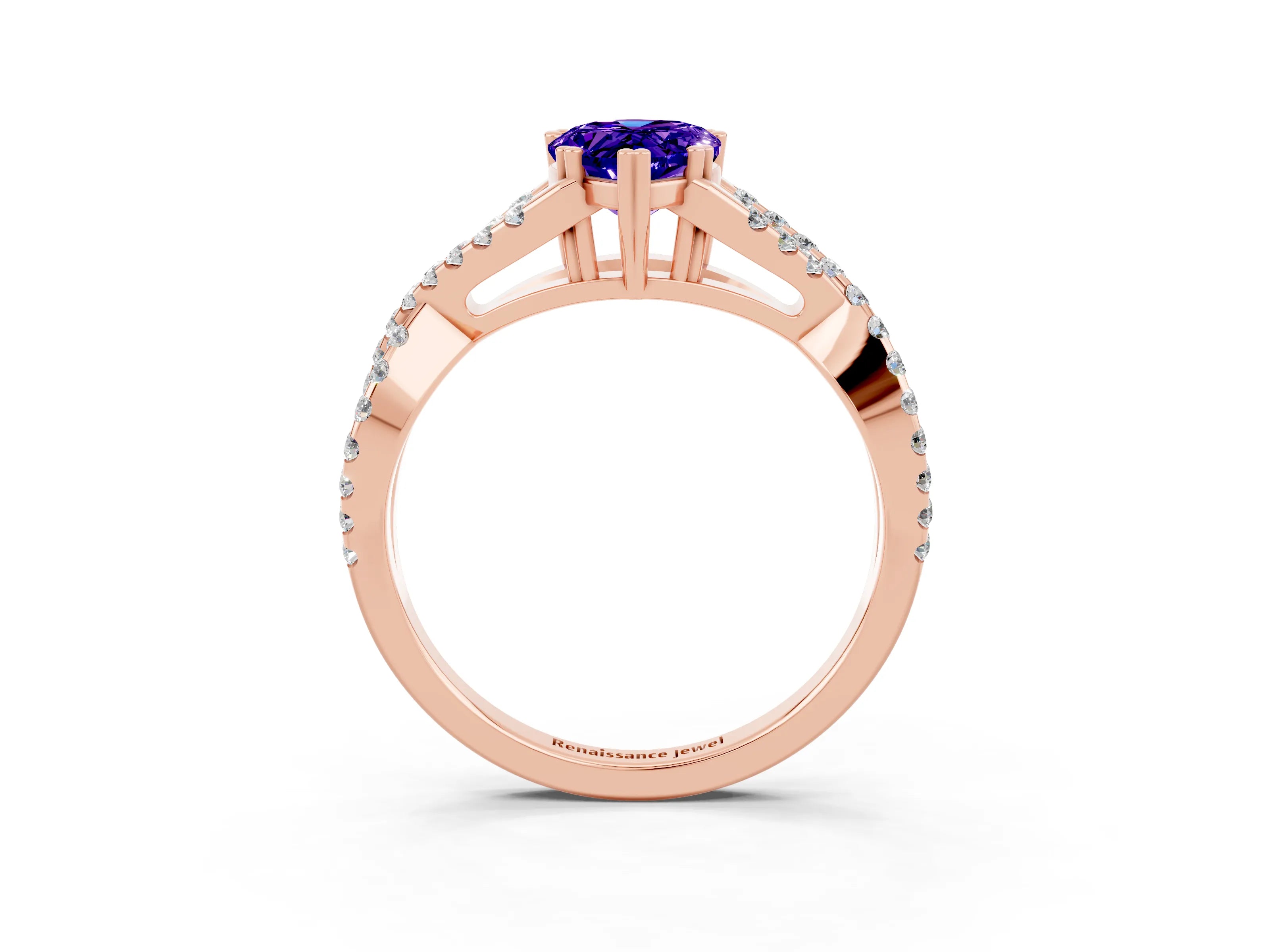 Rose gold Pear Cut Tanzanite Solitaire Ring with Four-Prong Setting and Twisted Pavé Band_3