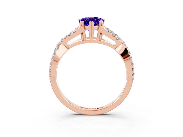 Rose gold Pear Cut Tanzanite Solitaire Ring with Four-Prong Setting and Twisted Pavé Band