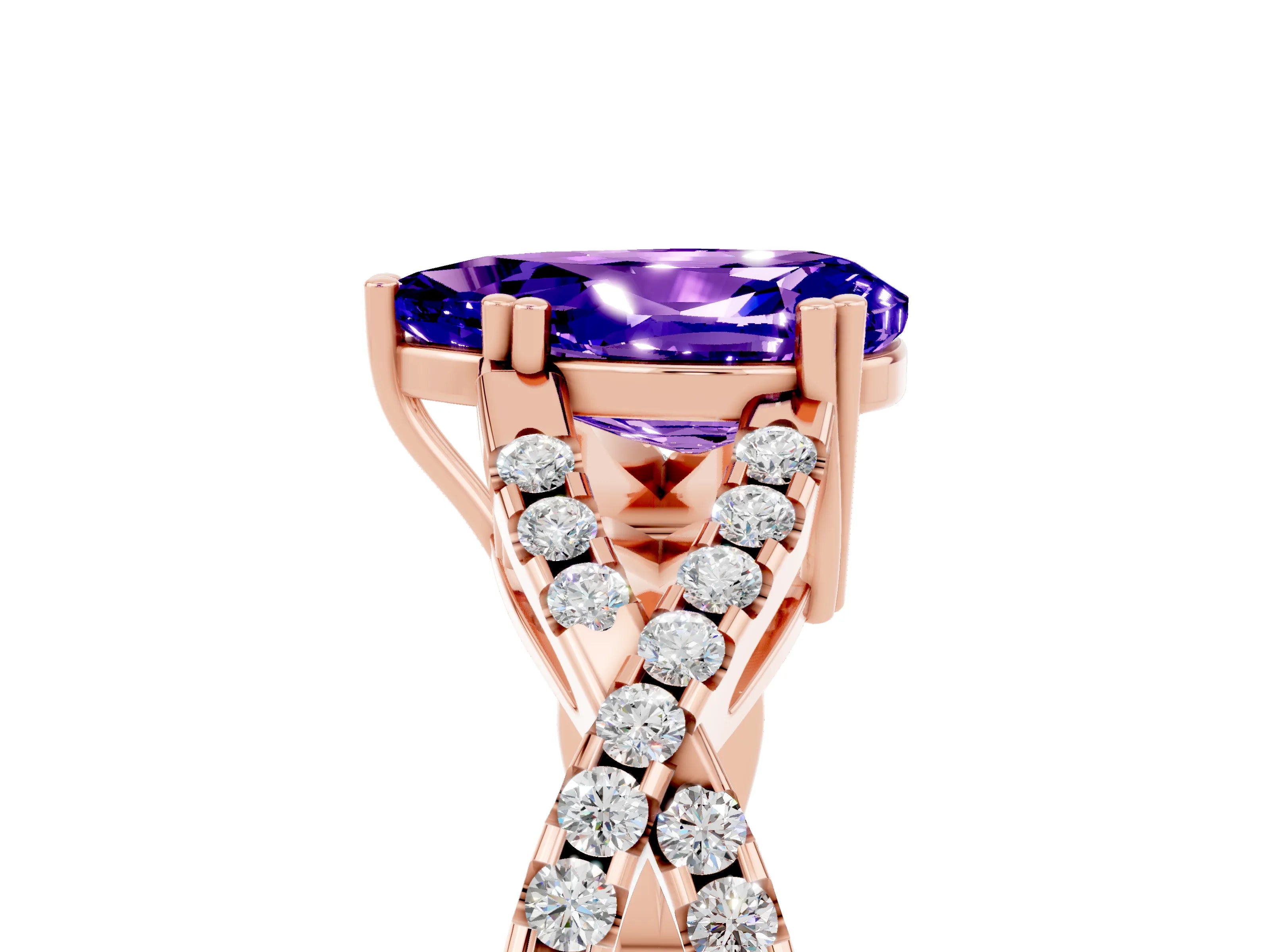 Rose gold Pear Cut Tanzanite Solitaire Ring with Four-Prong Setting and Twisted Pavé Band_5