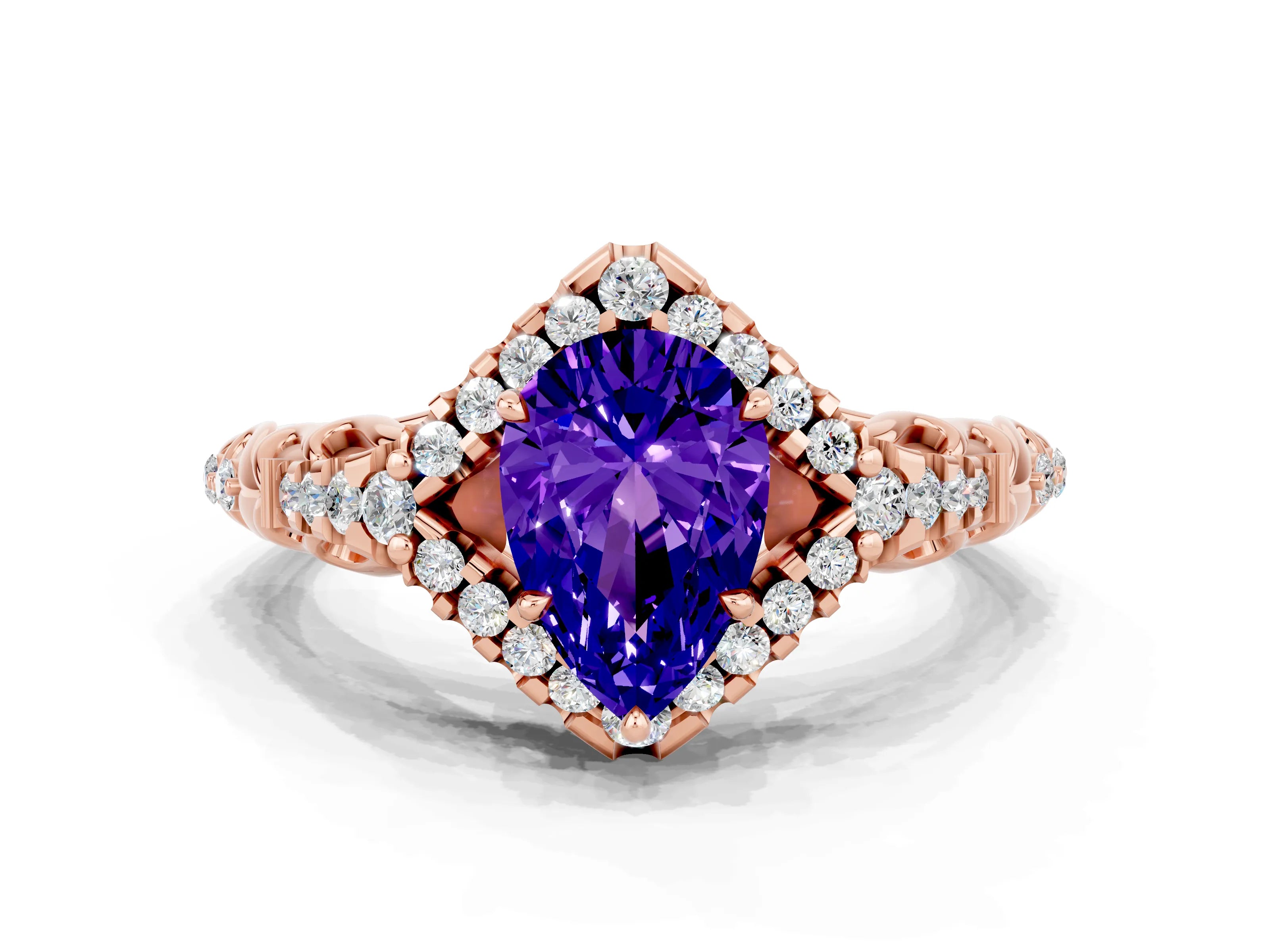 Rose gold Pear Cut Tanzanite Solitaire Ring with Hidden Halo and Pavé Band_36
