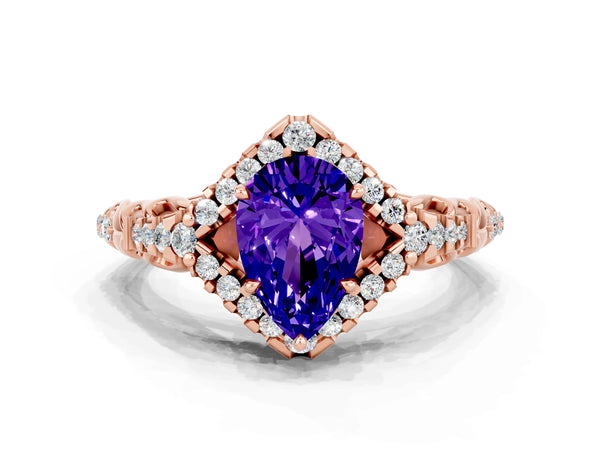 Rose gold Pear Cut Tanzanite Solitaire Ring with Hidden Halo and Pavé Band