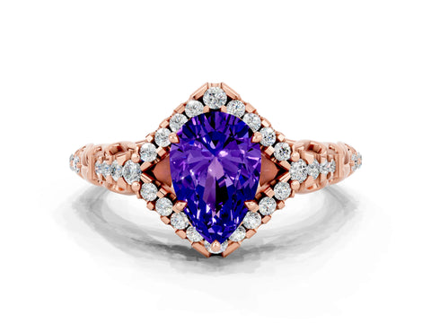 Rose gold Pear Cut Tanzanite Solitaire Ring with Hidden Halo and Pavé Band_36
