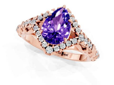 Rose gold Pear Cut Tanzanite Solitaire Ring with Hidden Halo and Pavé Band_37