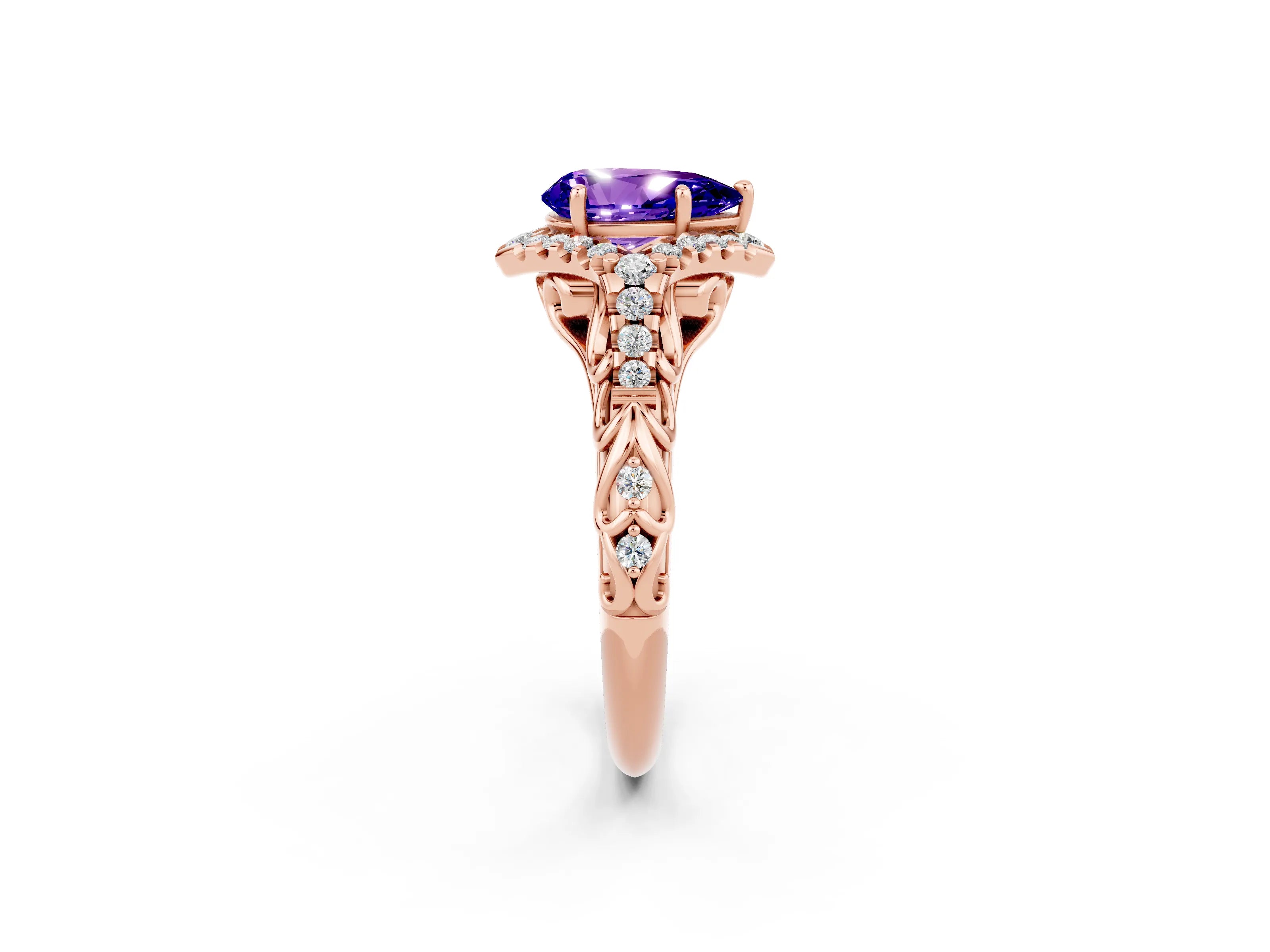 Rose gold Pear Cut Tanzanite Solitaire Ring with Hidden Halo and Pavé Band_38