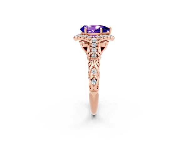 Rose gold Pear Cut Tanzanite Solitaire Ring with Hidden Halo and Pavé Band