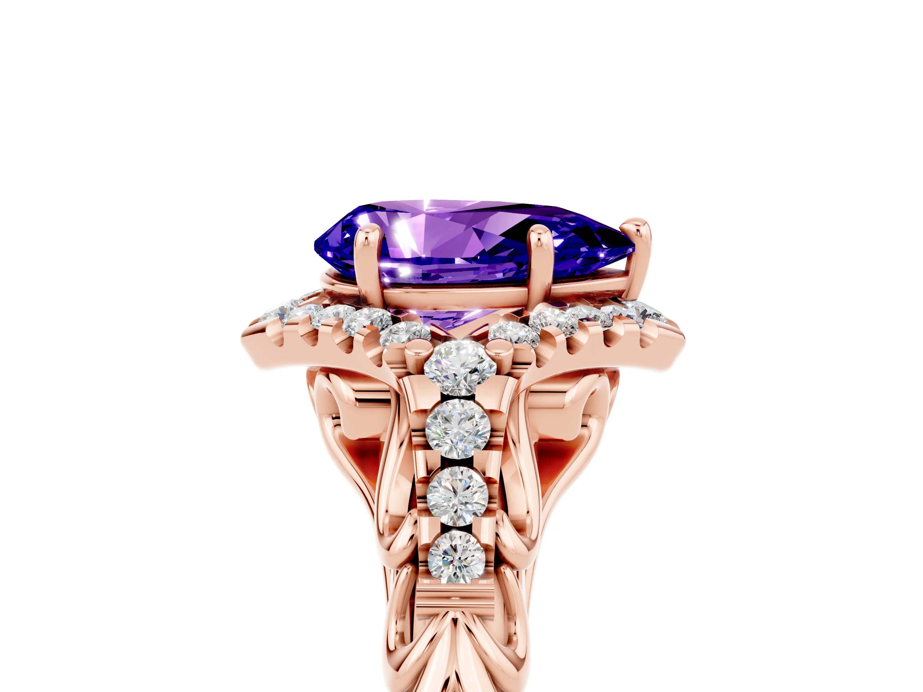 Rose gold Pear Cut Tanzanite Solitaire Ring with Hidden Halo and Pavé Band_41