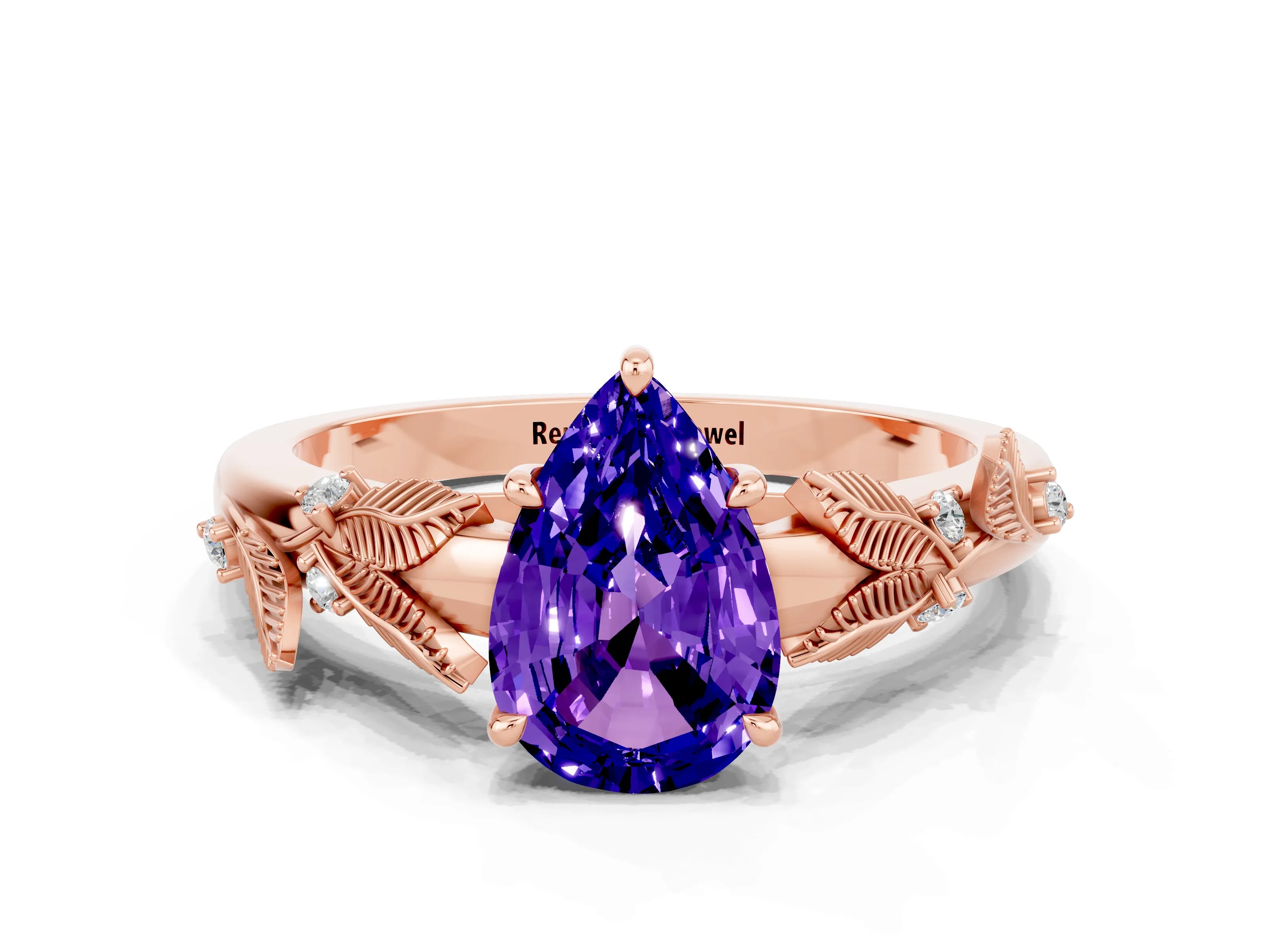 Rose gold Pear Cut Tanzanite Solitaire Ring with Leaf Motif Band and Four-Prong Setting