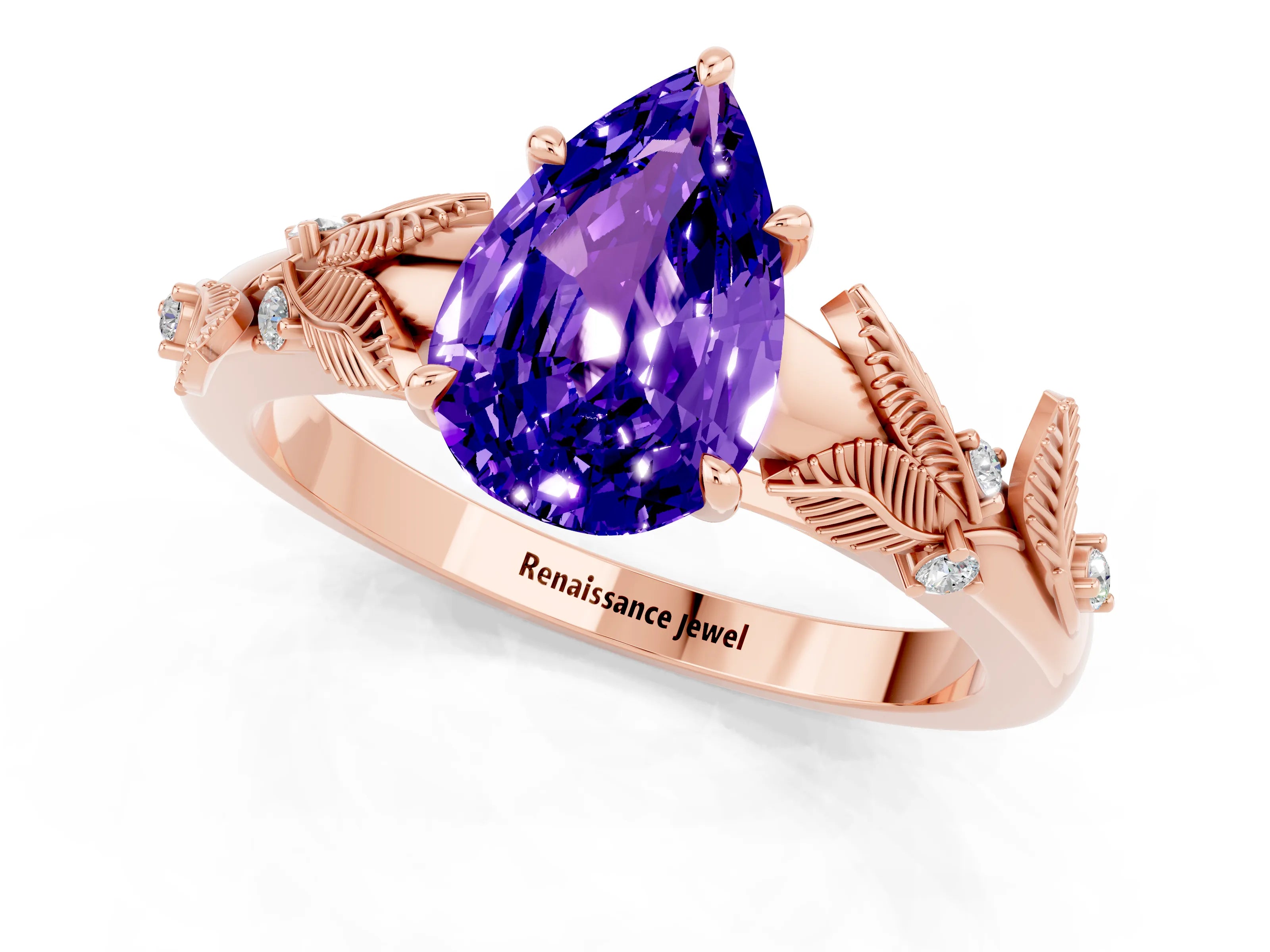 Rose gold Pear Cut Tanzanite Solitaire Ring with Leaf Motif Band and Four-Prong Setting_1