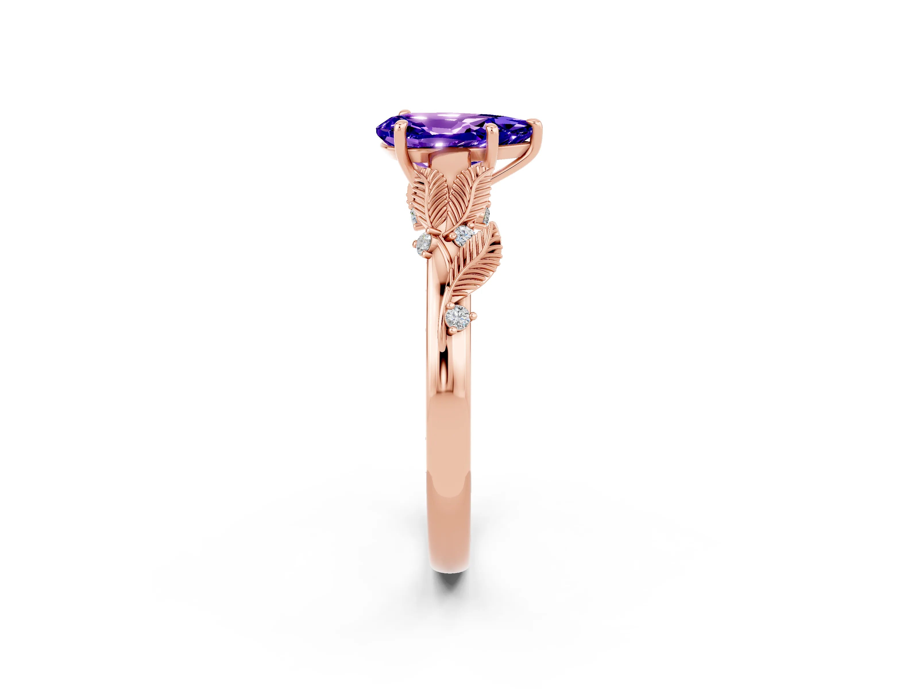 Rose gold Pear Cut Tanzanite Solitaire Ring with Leaf Motif Band and Four-Prong Setting_2