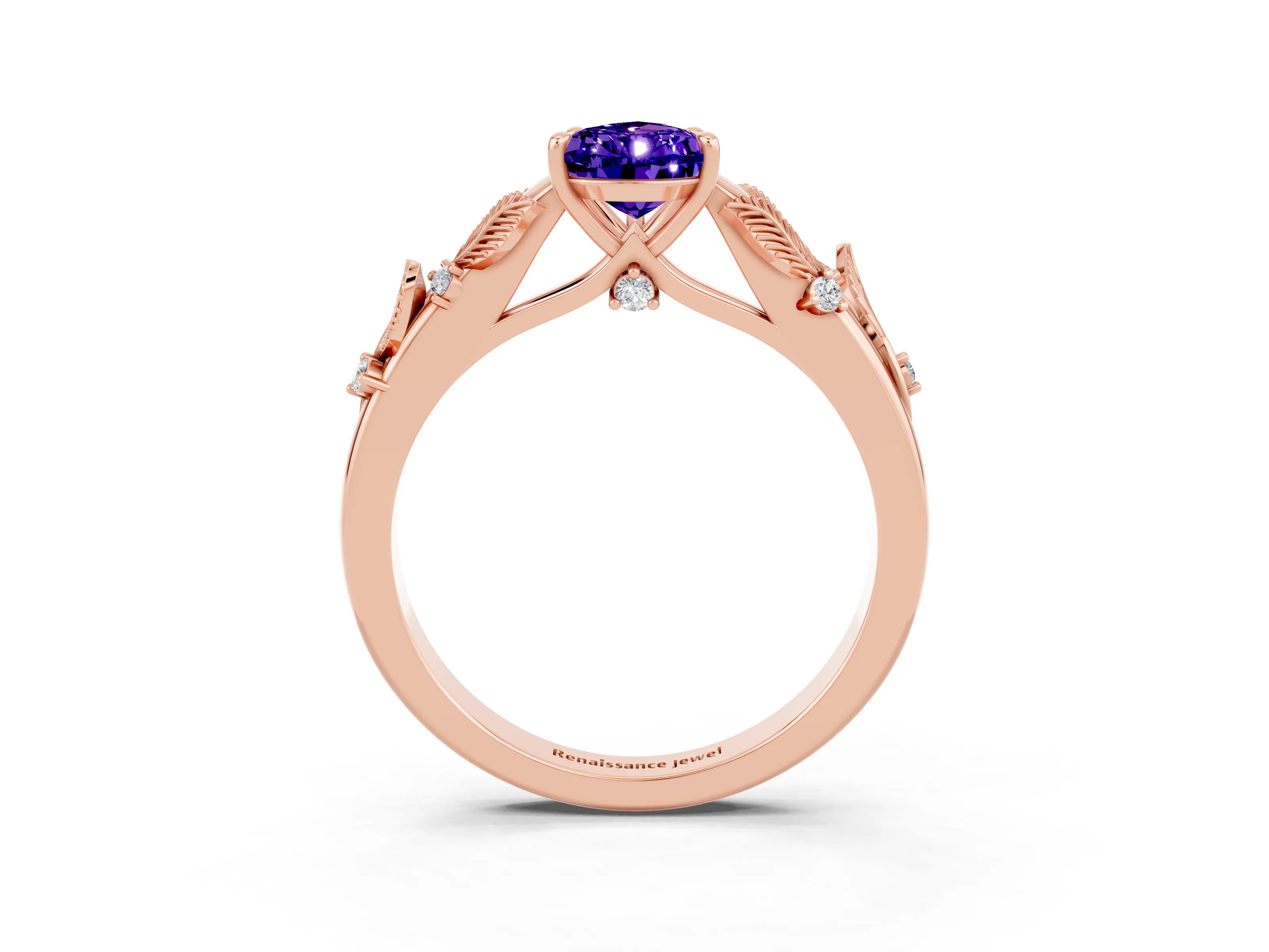 Rose gold Pear Cut Tanzanite Solitaire Ring with Leaf Motif Band and Four-Prong Setting_3
