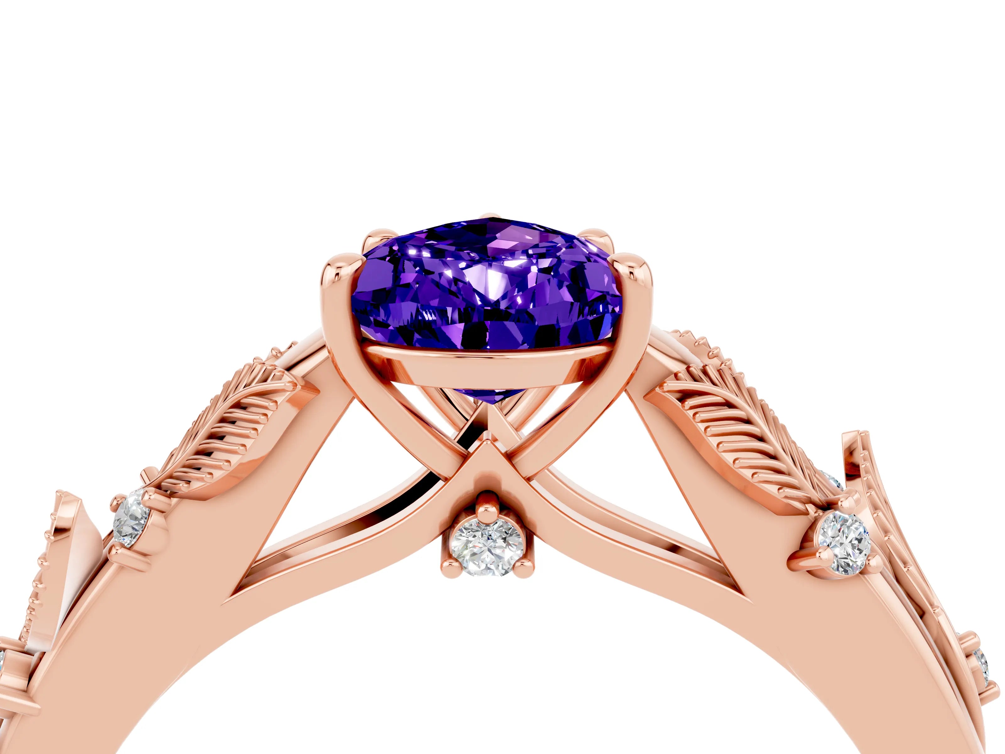 Rose gold Pear Cut Tanzanite Solitaire Ring with Leaf Motif Band and Four-Prong Setting_4