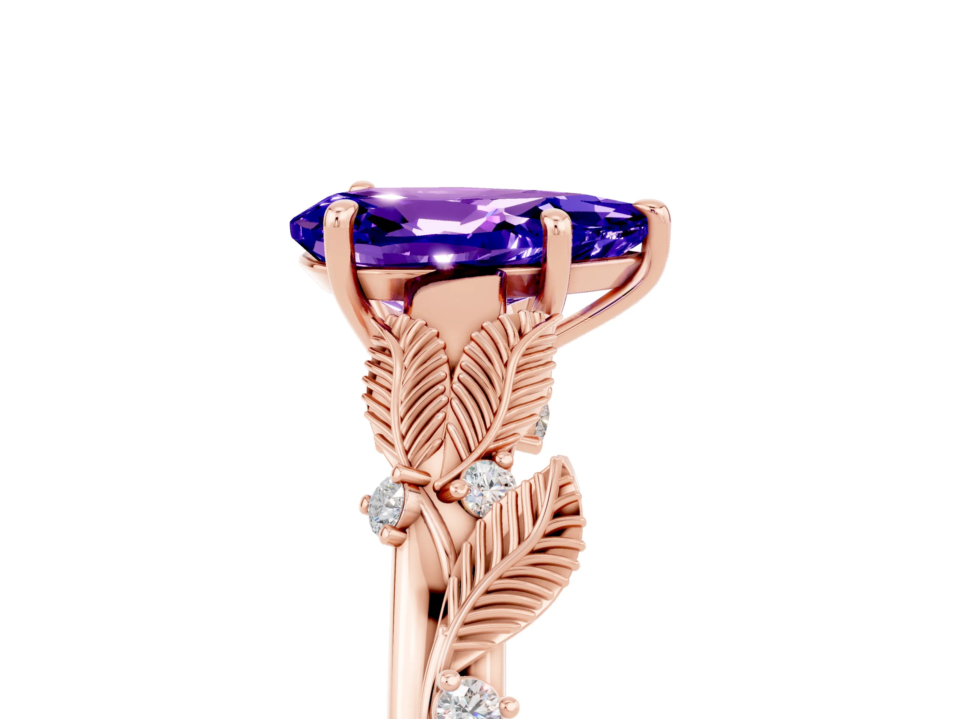 Rose gold Pear Cut Tanzanite Solitaire Ring with Leaf Motif Band and Four-Prong Setting_5