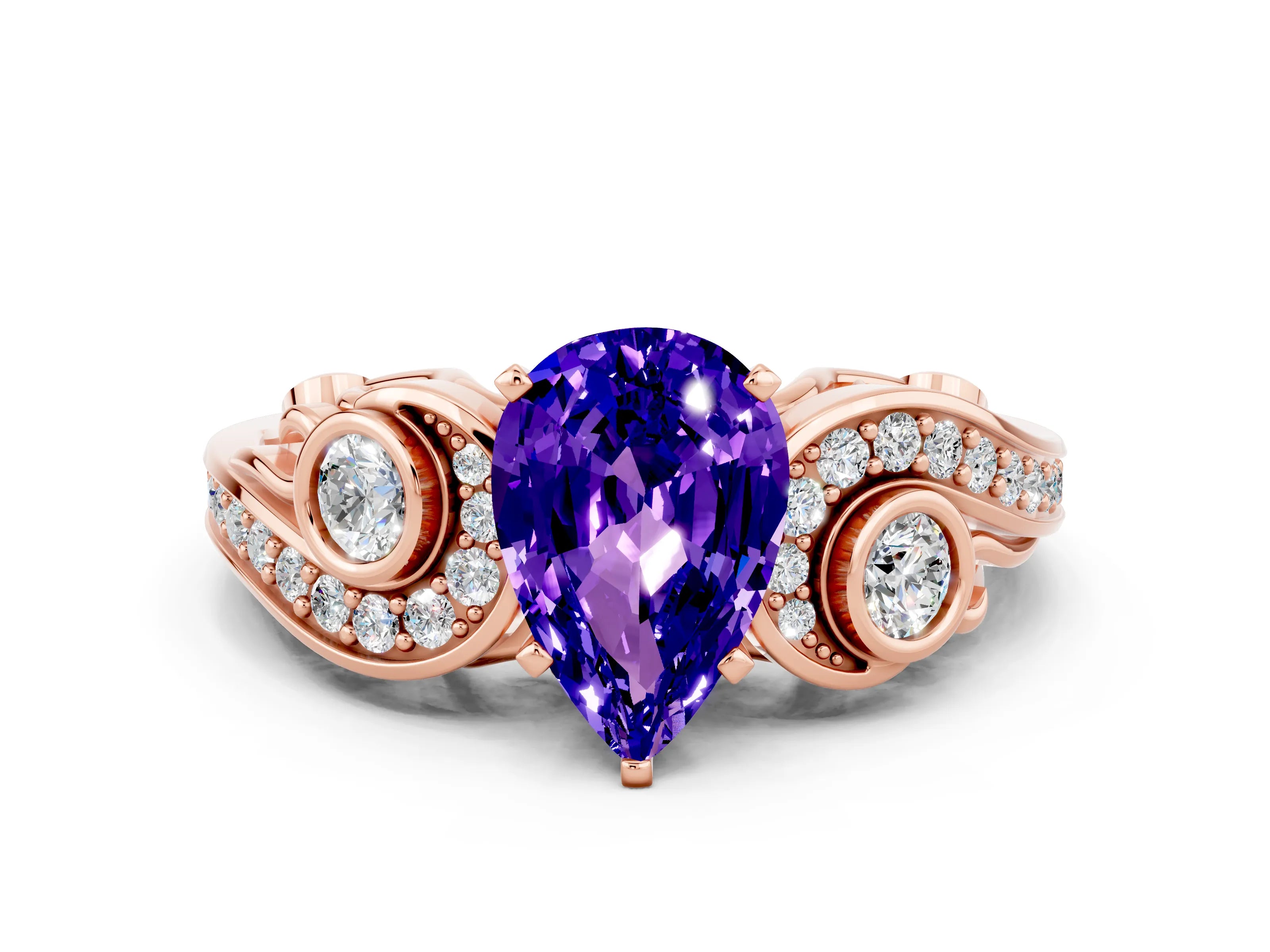 Rose gold Pear Cut Tanzanite Solitaire Ring with Milgrain Pavé Band and Four-Prong Setting_24