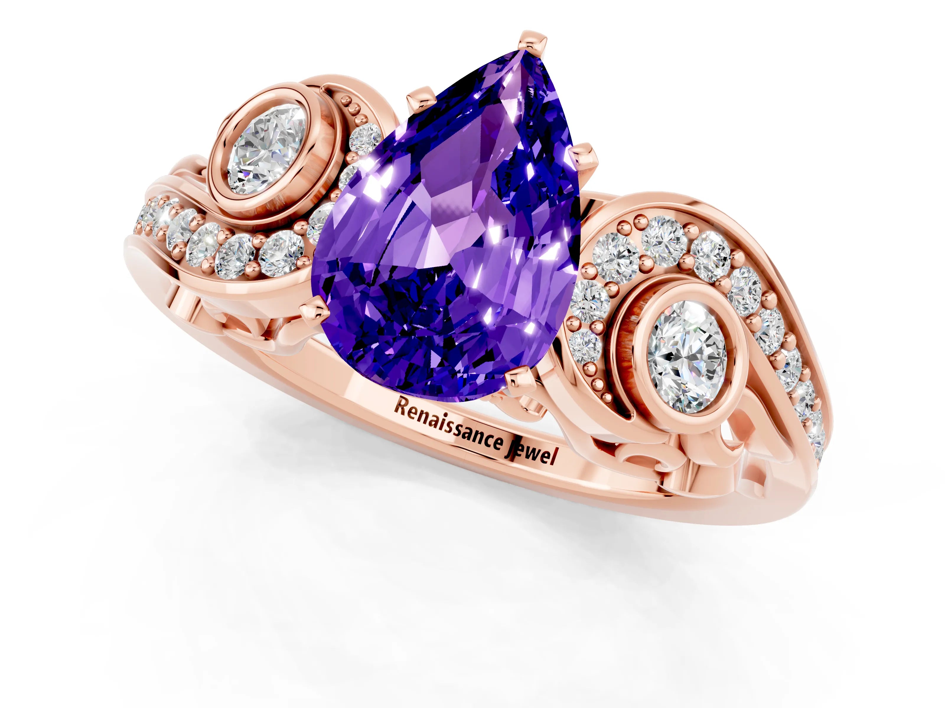 Rose gold Pear Cut Tanzanite Solitaire Ring with Milgrain Pavé Band and Four-Prong Setting_25