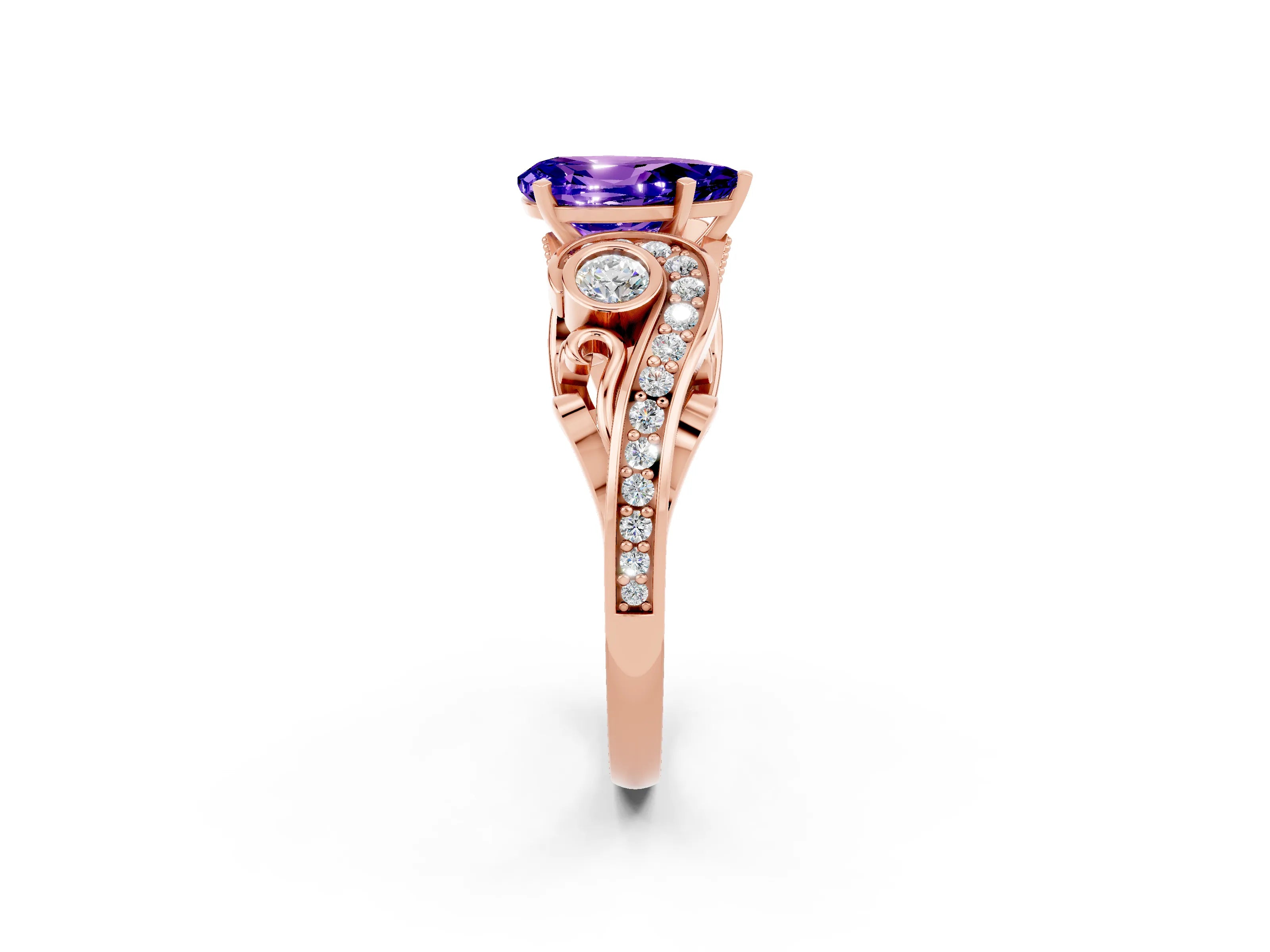 Rose gold Pear Cut Tanzanite Solitaire Ring with Milgrain Pavé Band and Four-Prong Setting_26