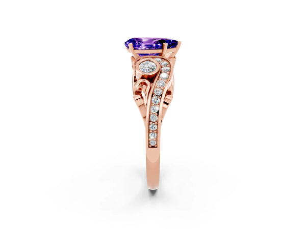 Rose gold Pear Cut Tanzanite Solitaire Ring with Milgrain Pavé Band and Four-Prong Setting