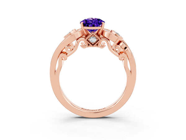Rose gold Pear Cut Tanzanite Solitaire Ring with Milgrain Pavé Band and Four-Prong Setting
