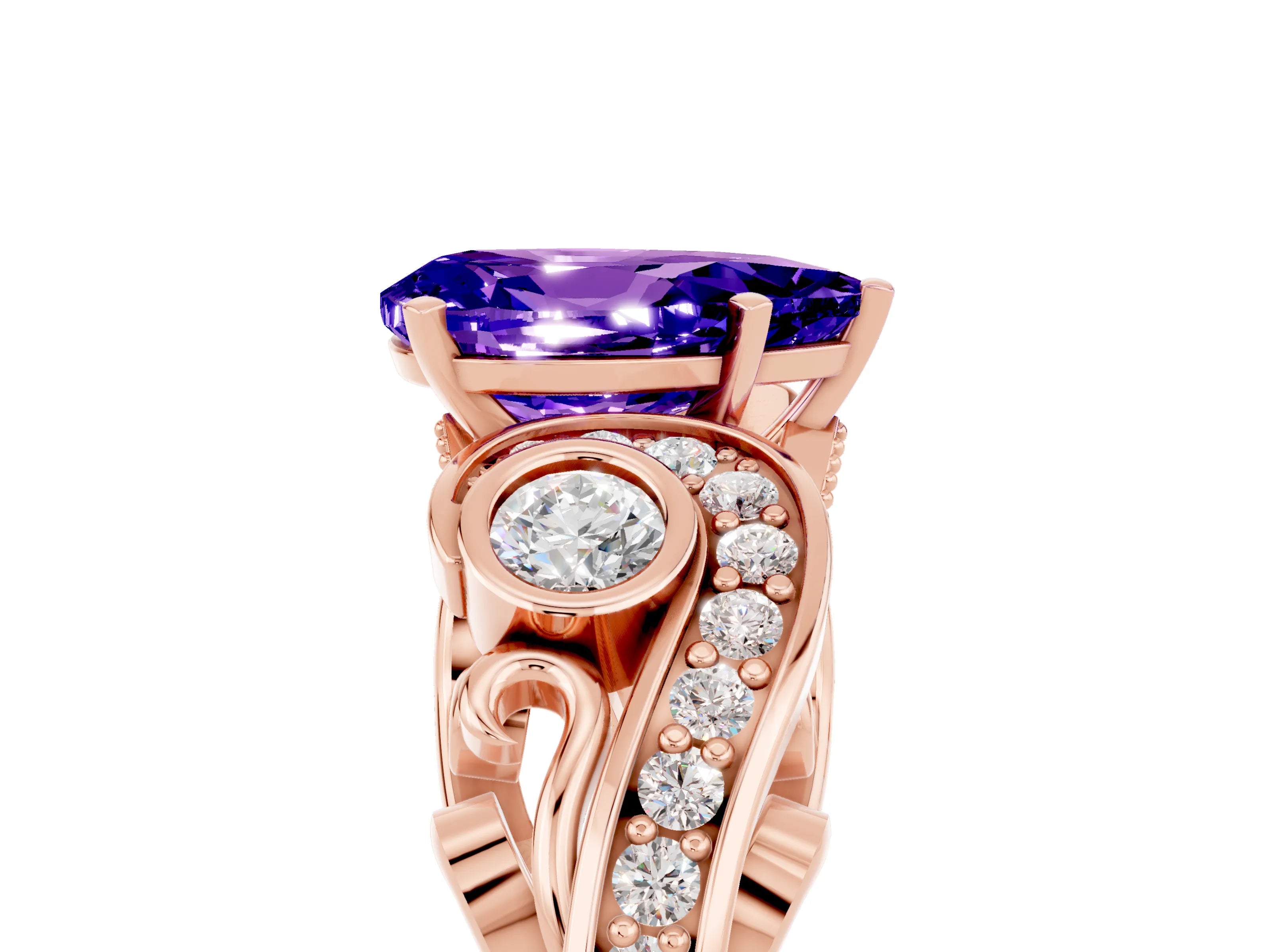 Rose gold Pear Cut Tanzanite Solitaire Ring with Milgrain Pavé Band and Four-Prong Setting_29