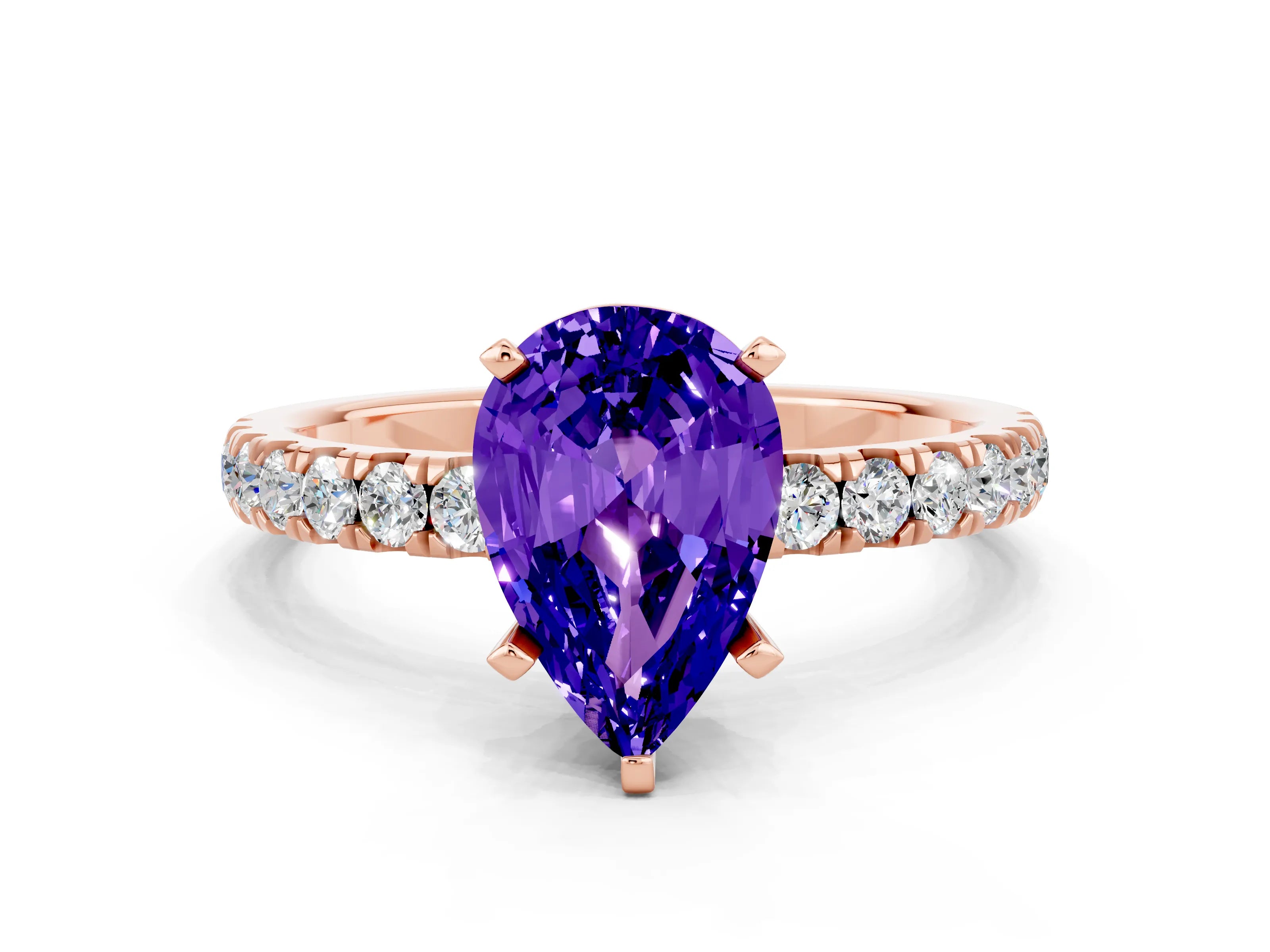 Rose gold Pear Cut Tanzanite Solitaire Ring with Pavé Accents and Four-Prong Setting