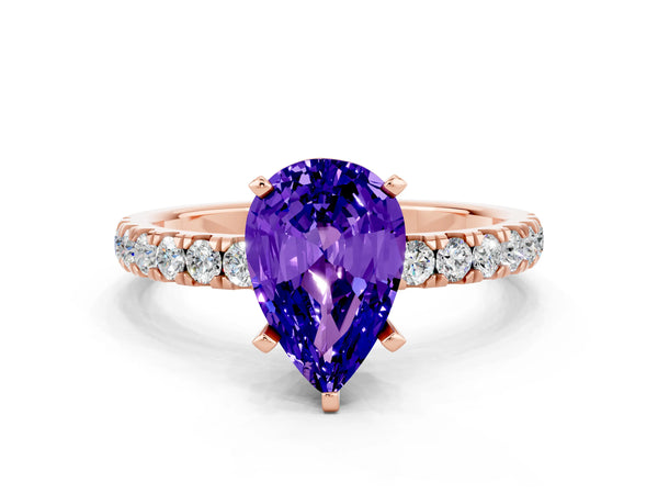 Rose gold Pear Cut Tanzanite Solitaire Ring with Pavé Accents and Four-Prong Setting