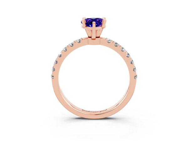 Rose gold Pear Cut Tanzanite Solitaire Ring with Pavé Accents and Four-Prong Setting