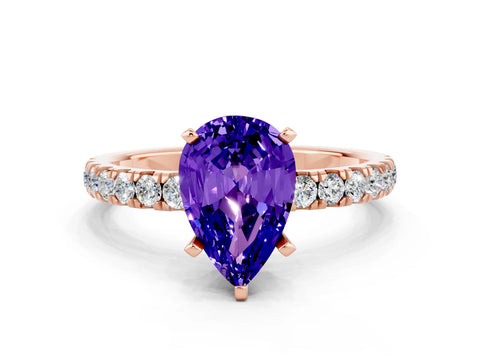 Rose gold Pear Cut Tanzanite Solitaire Ring with Pavé Accents and Four-Prong Setting