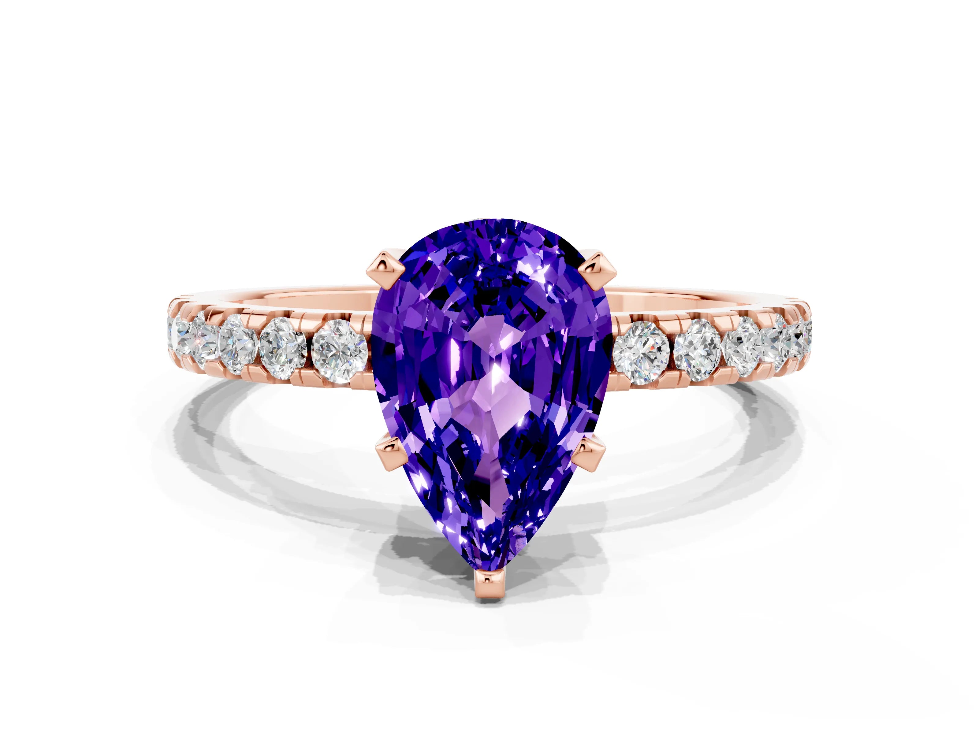 Rose gold Pear Cut Tanzanite Solitaire Ring with Pavé Band and Four-Prong Setting_12
