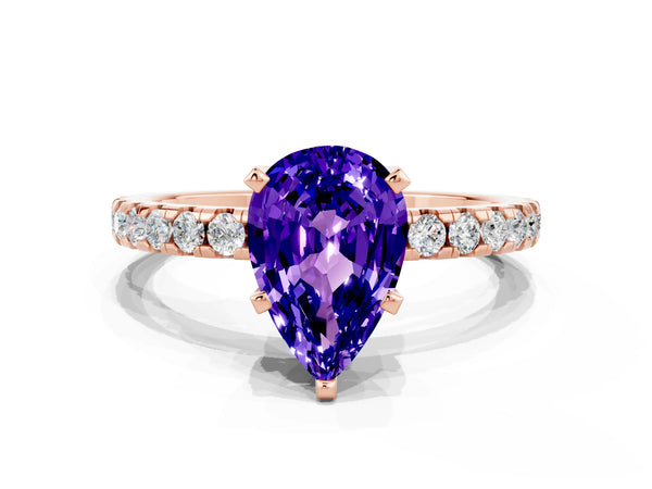 Rose gold Pear Cut Tanzanite Solitaire Ring with Round  Pavé Band and Four-Prong Setting