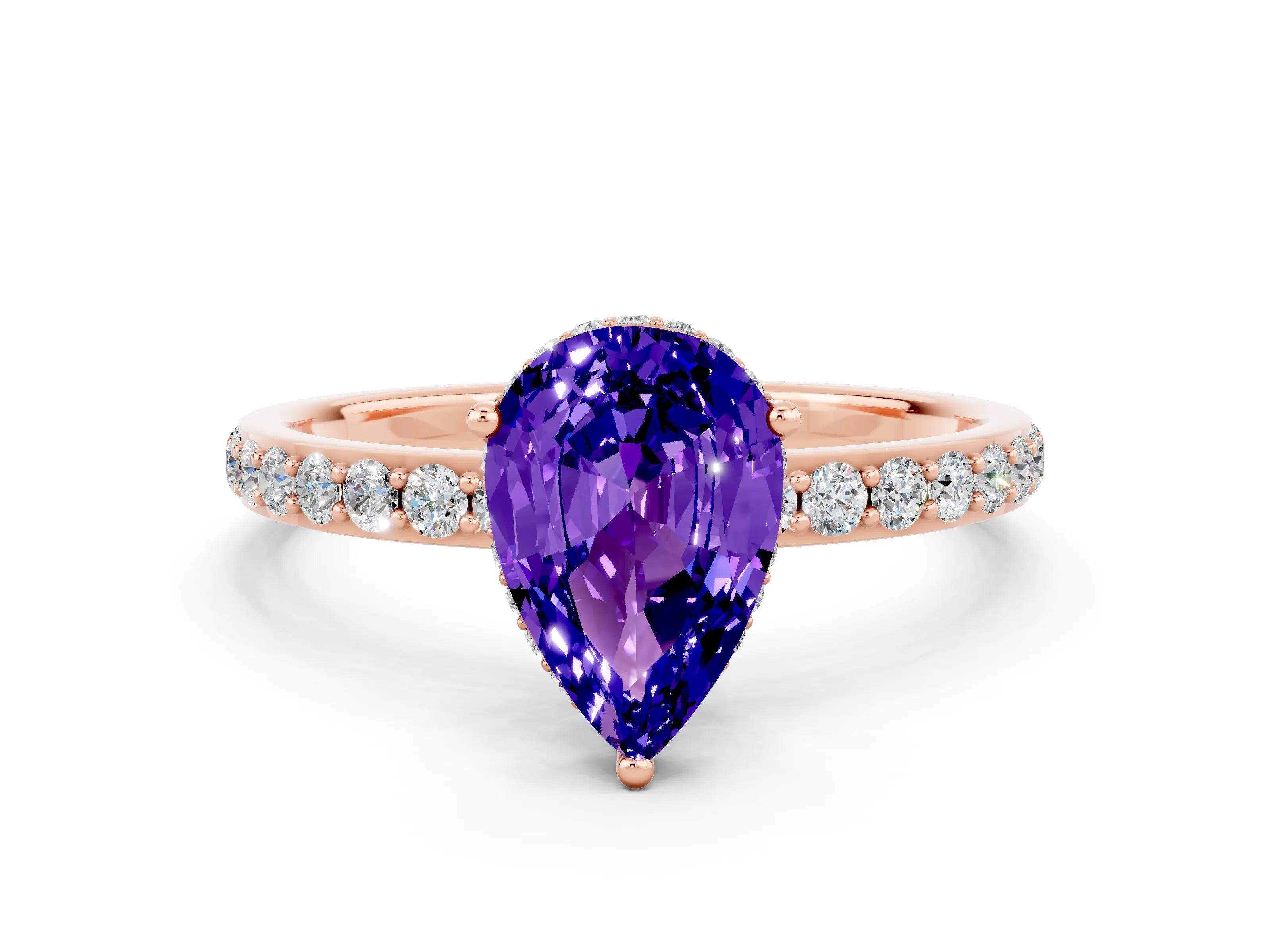 Rose gold Pear Cut Tanzanite Solitaire Ring with Pavé Band and Hidden Halo_12