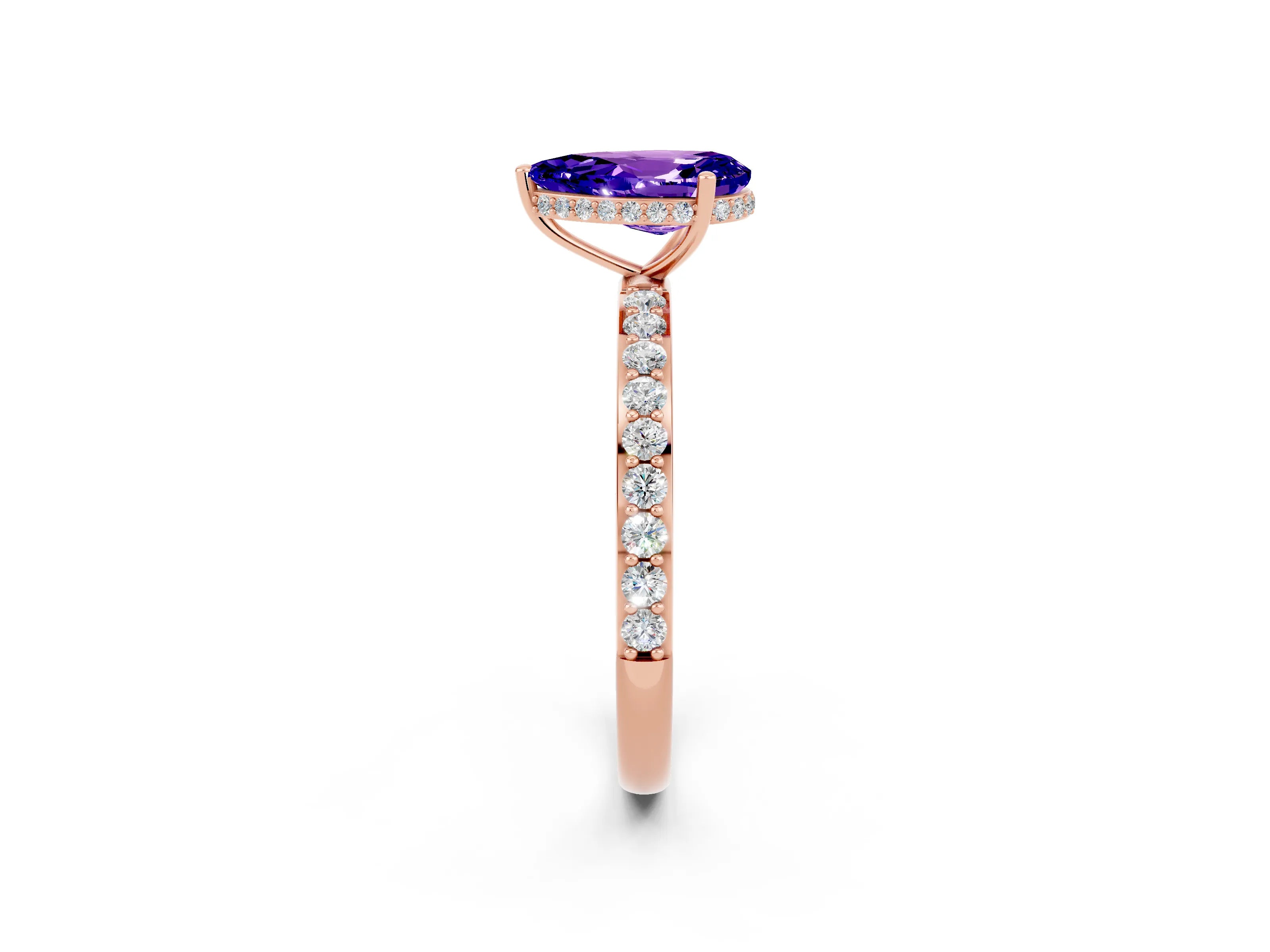Rose gold Pear Cut Tanzanite Solitaire Ring with Pavé Band and Hidden Halo_14
