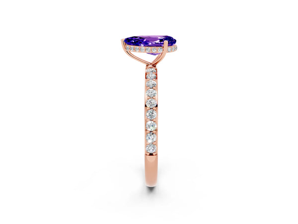 Rose gold Pear Cut Tanzanite Solitaire Ring with Pavé Band and Hidden Halo