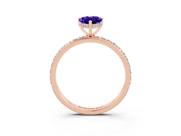 Rose gold Pear Cut Tanzanite Solitaire Ring with Pavé Band and Hidden Halo
