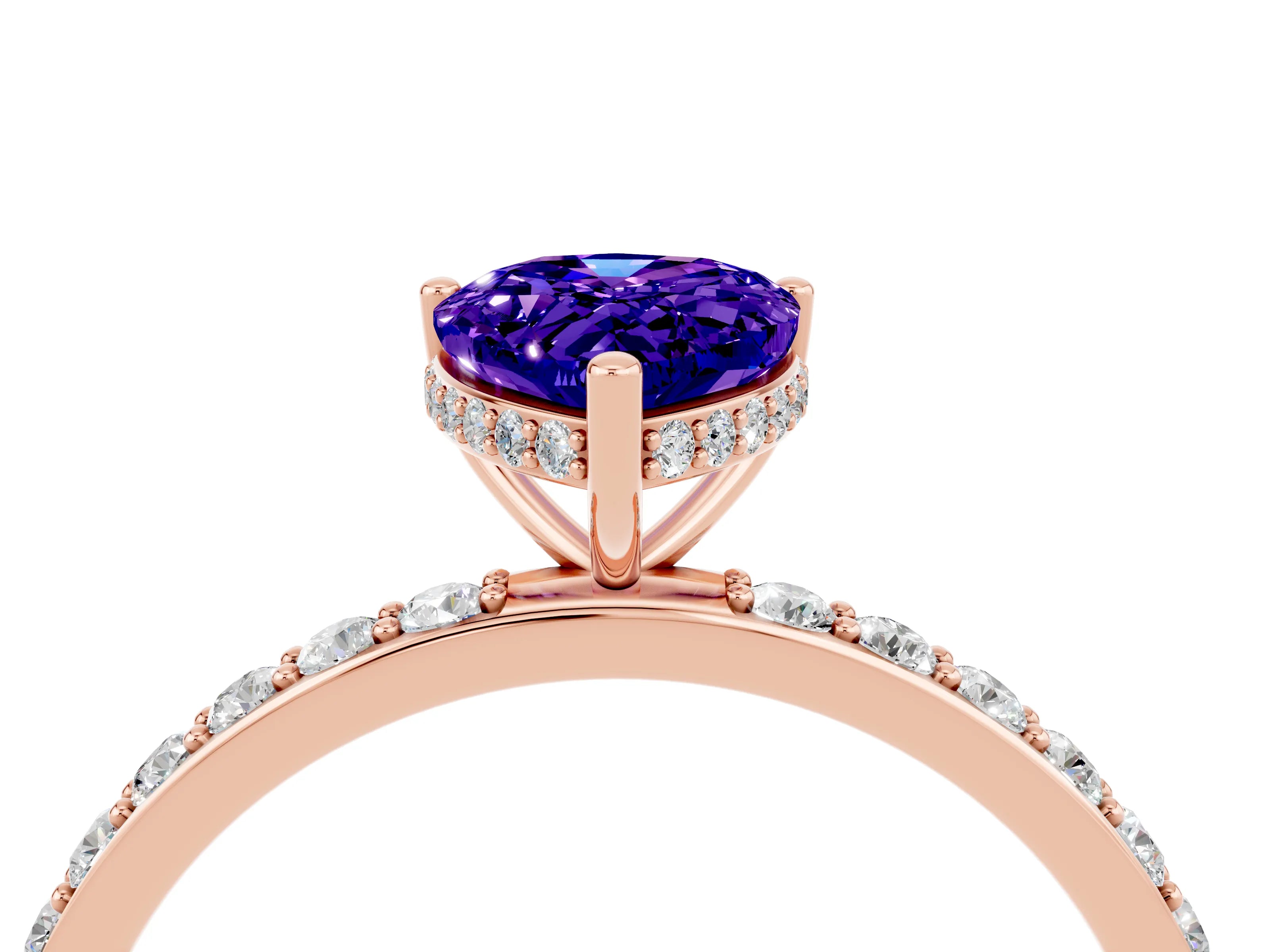 Rose gold Pear Cut Tanzanite Solitaire Ring with Pavé Band and Hidden Halo_16
