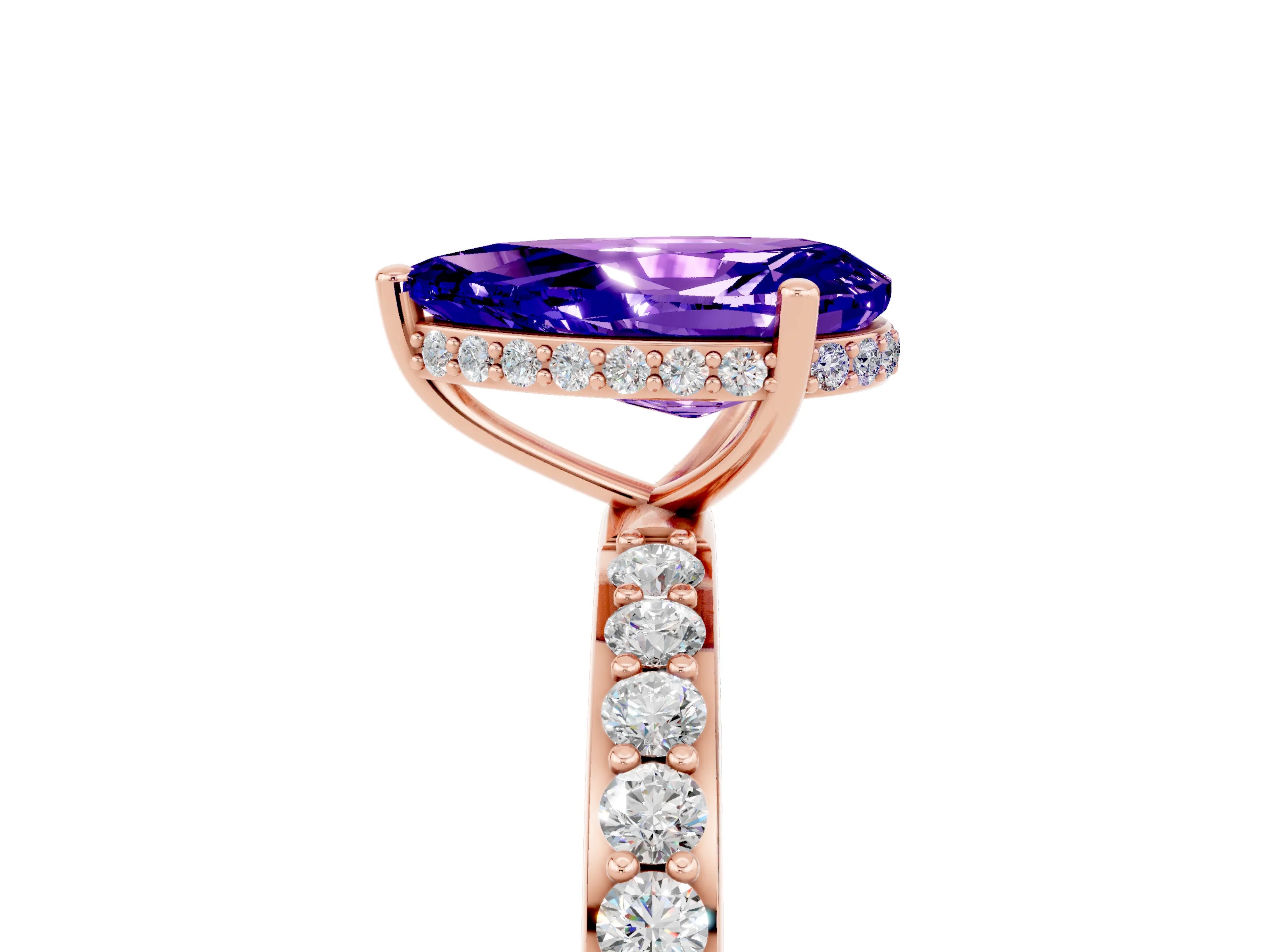 Rose gold Pear Cut Tanzanite Solitaire Ring with Pavé Band and Hidden Halo_17